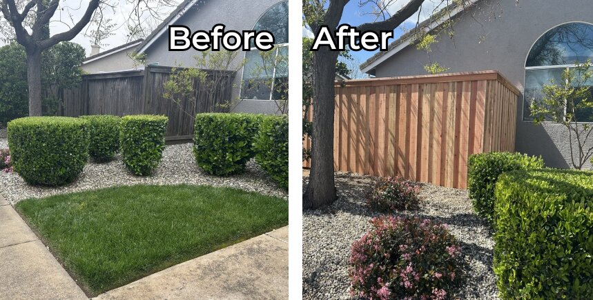 Before and after: leaning fence replaced with a straight redwood line
